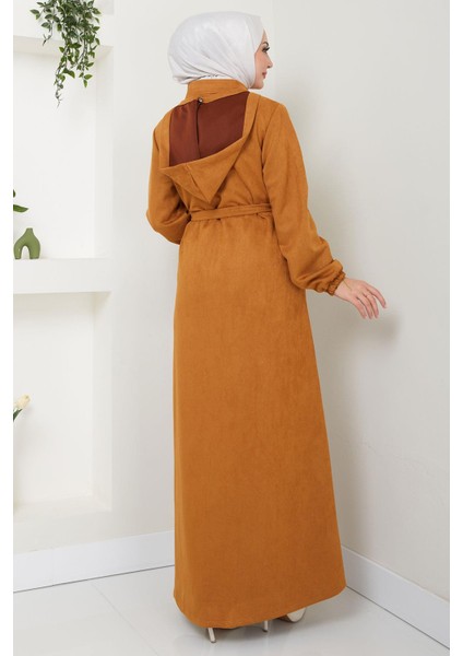 Nervürlü Kapüşonlu Süet Ferace Taba HM2544 indirimleri