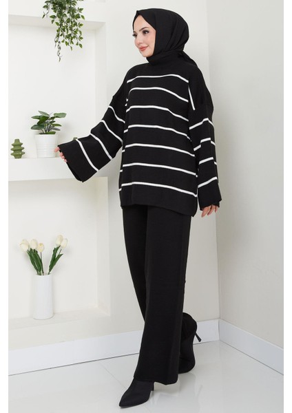 Yarım Balıkçı Yaka Çizgili Triko Takım Siyah HM2553 fiyatları