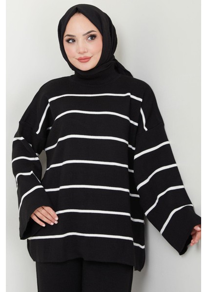 Yarım Balıkçı Yaka Çizgili Triko Takım Siyah HM2553 modelleri