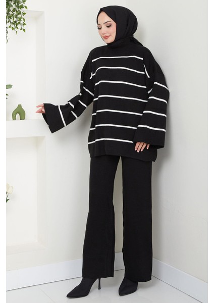 Yarım Balıkçı Yaka Çizgili Triko Takım Siyah HM2553 fırsatları