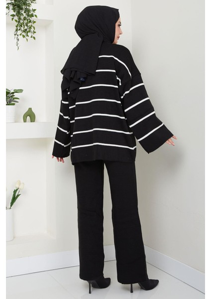 Yarım Balıkçı Yaka Çizgili Triko Takım Siyah HM2553 indirimleri