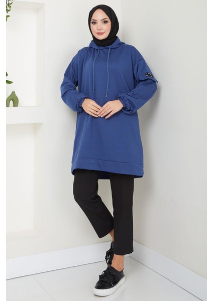 Kapüşonlu Kolu Cep Detaylı Sweatshirt Tunik Indigo HM2582