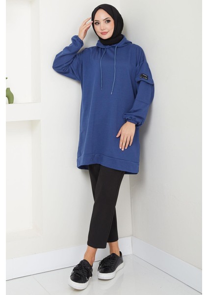 Kapüşonlu Kolu Cep Detaylı Sweatshirt Tunik Indigo HM2582