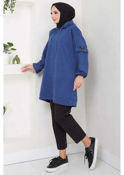 Kapüşonlu Kolu Cep Detaylı Sweatshirt Tunik Indigo HM2582