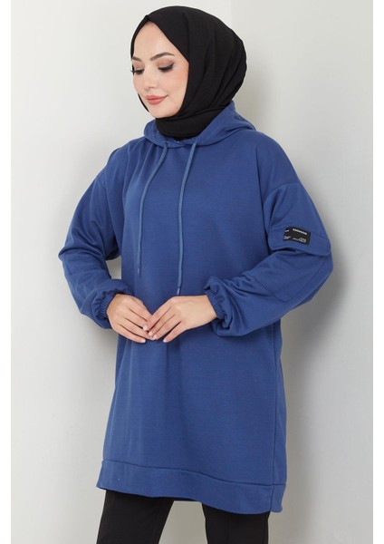 Kapüşonlu Kolu Cep Detaylı Sweatshirt Tunik Indigo HM2582