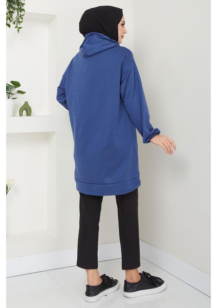 Kapüşonlu Kolu Cep Detaylı Sweatshirt Tunik Indigo HM2582