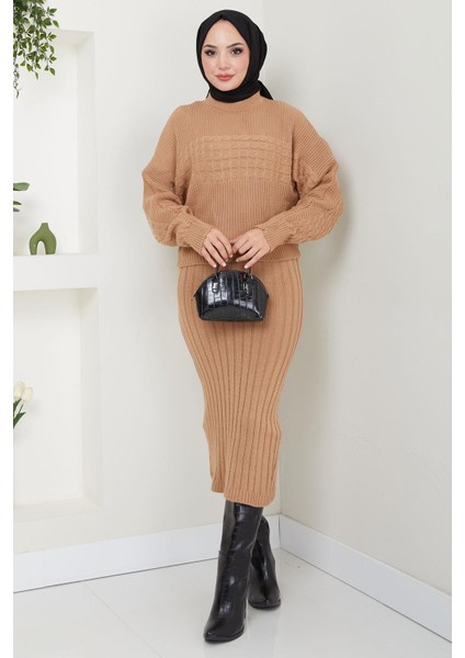 Örgü Desenli Jile Bluz Triko Takım Camel HM2559