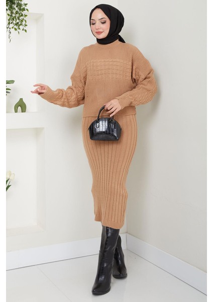 Örgü Desenli Jile Bluz Triko Takım Camel HM2559 modelleri