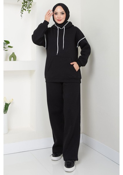 Çoban Nakışlı Üç Iplik Şardonlu Kapşonlu Eşofman Takımı Siyah HM2579