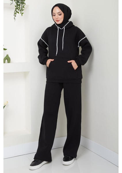 Çoban Nakışlı Üç Iplik Şardonlu Kapşonlu Eşofman Takımı Siyah HM2579 fiyatları