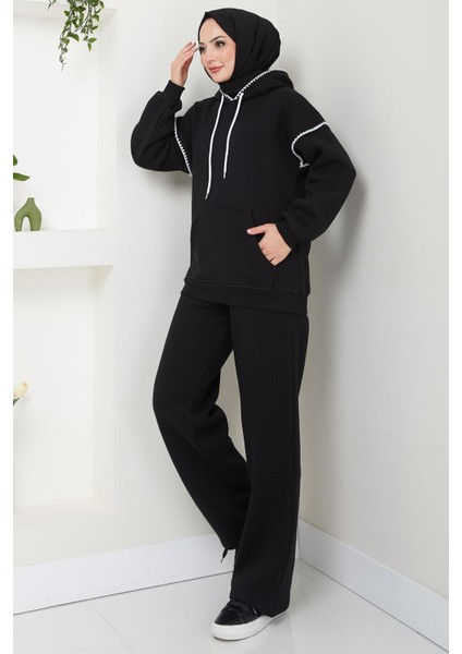 Çoban Nakışlı Üç Iplik Şardonlu Kapşonlu Eşofman Takımı Siyah HM2579 modelleri