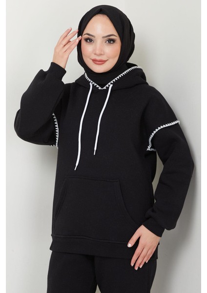 Çoban Nakışlı Üç Iplik Şardonlu Kapşonlu Eşofman Takımı Siyah HM2579 fırsatları