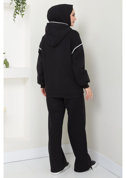 Çoban Nakışlı Üç Iplik Şardonlu Kapşonlu Eşofman Takımı Siyah HM2579 indirimleri