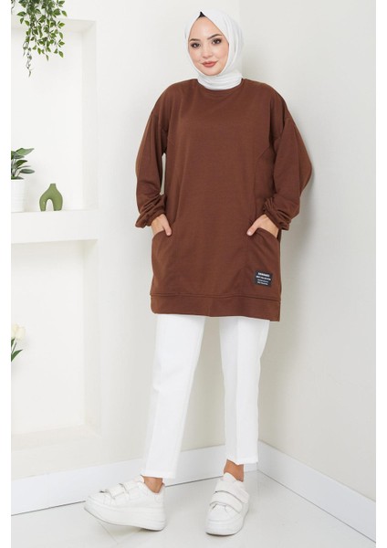 Torba Cepli Bisiklet Yakalı Sweatshirt Tunik Kahverengi Hm2509