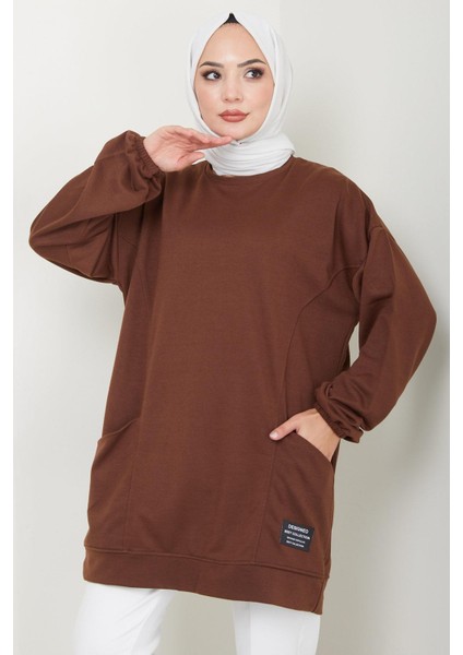 Torba Cepli Bisiklet Yakalı Sweatshirt Tunik Kahverengi Hm2509