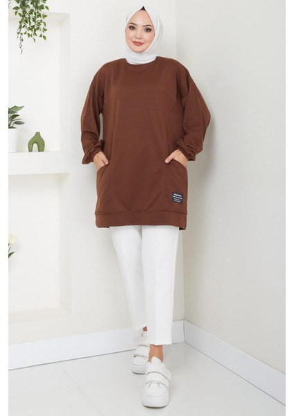 Torba Cepli Bisiklet Yakalı Sweatshirt Tunik Kahverengi Hm2509