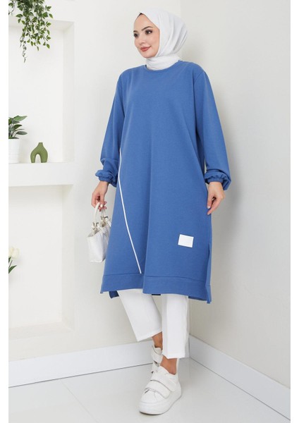 Biye Detaylı Uzun Sweatshirt Tunik Indigo HM2508