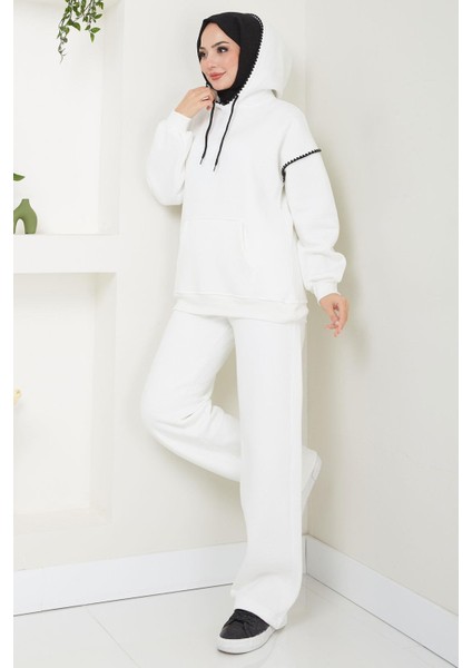 Çoban Nakışlı Üç Iplik Şardonlu Kapşonlu Eşofman Takımı Beyaz HM2579