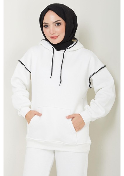 Çoban Nakışlı Üç Iplik Şardonlu Kapşonlu Eşofman Takımı Beyaz HM2579 fiyatları