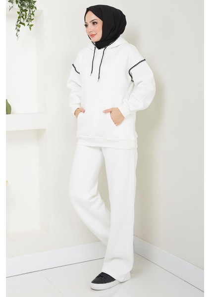 Çoban Nakışlı Üç Iplik Şardonlu Kapşonlu Eşofman Takımı Beyaz HM2579 modelleri