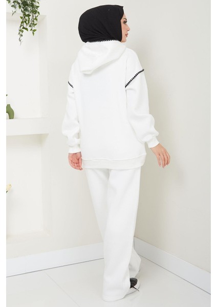 Çoban Nakışlı Üç Iplik Şardonlu Kapşonlu Eşofman Takımı Beyaz HM2579 fırsatları