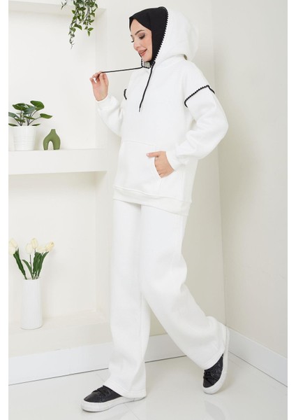 Çoban Nakışlı Üç Iplik Şardonlu Kapşonlu Eşofman Takımı Beyaz HM2579 indirimleri