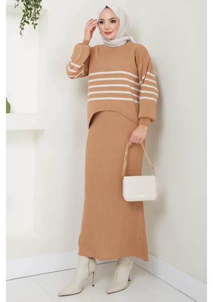 Çizgili Jile Kazak Triko Takım Camel HM2596 fiyatları