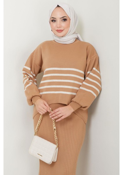 Çizgili Jile Kazak Triko Takım Camel HM2596 fırsatları
