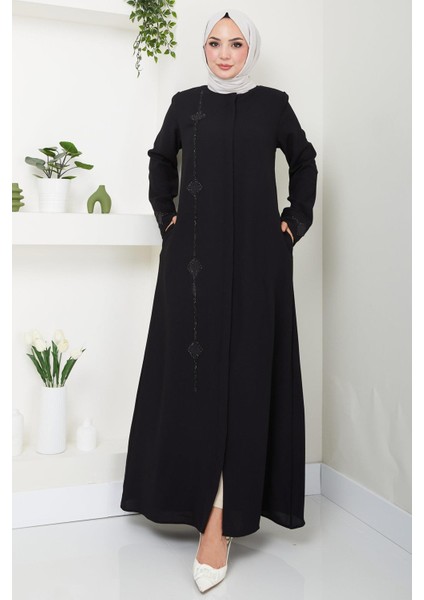 Erva Taş Detaylı Ferace Siyah HM2478