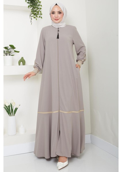 Çizgi Detaylı bej Rengi Ferace HM2035