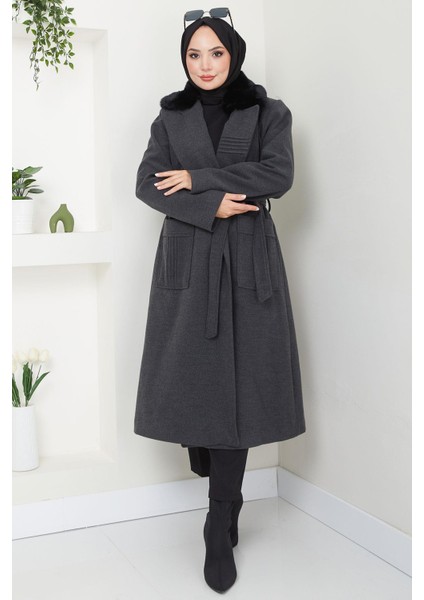 Yakası Kürklü Nervür Detaylı Kaşe Kaban Antrasit HM2576 modelleri