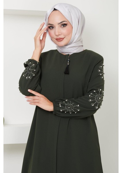 Kolu Taşlı ve Incili Ferace Haki HM2494