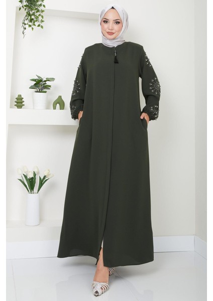 Kolu Taşlı ve Incili Ferace Haki HM2494