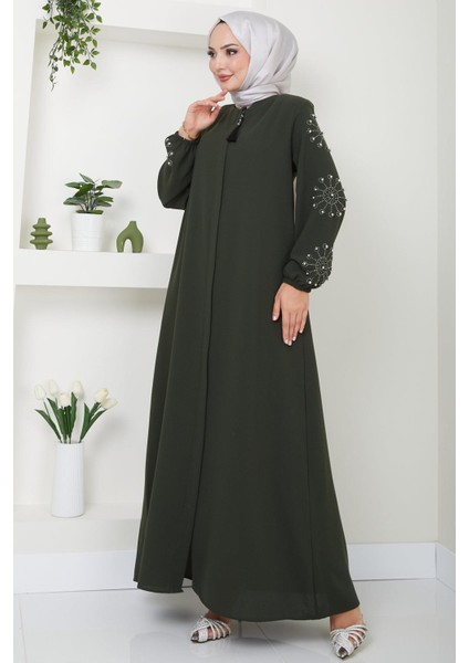 Kolu Taşlı ve Incili Ferace Haki HM2494