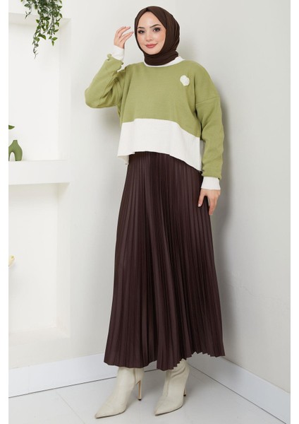 Kalp Detaylı Iki Renkli Crop Kazak Fıstık Yeşili HM2575 indirimleri