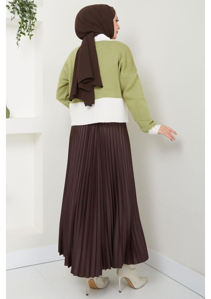 Kalp Detaylı Iki Renkli Crop Kazak Fıstık Yeşili HM2575