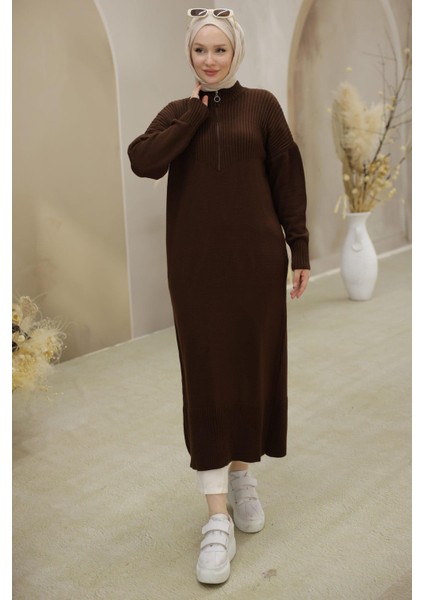 Fermuarlı Uzun Triko Tunik Kahverengi HM2529