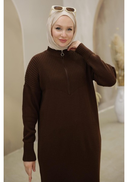 Fermuarlı Uzun Triko Tunik Kahverengi HM2529