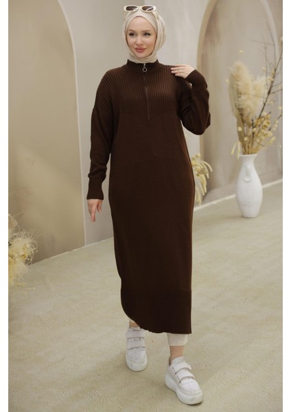 Fermuarlı Uzun Triko Tunik Kahverengi HM2529