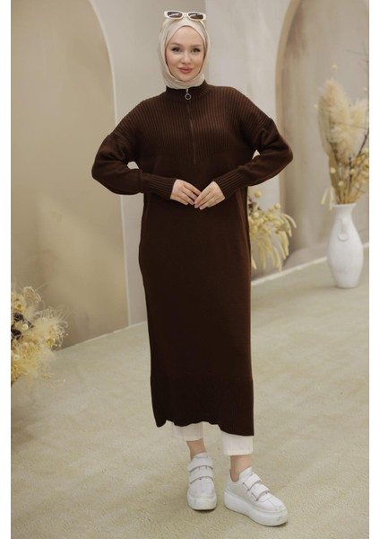 Fermuarlı Uzun Triko Tunik Kahverengi HM2529