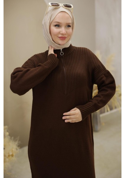 Fermuarlı Uzun Triko Tunik Kahverengi HM2529