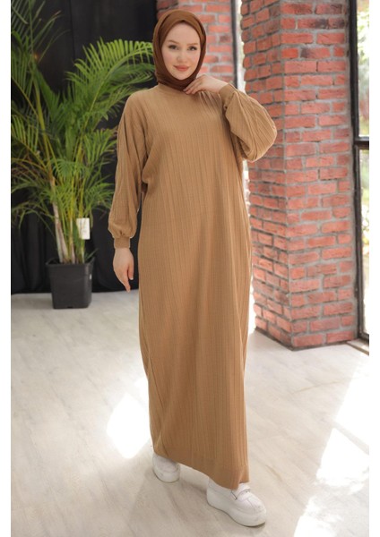 Bisiklet Yaka Balon Kol Triko Elbise Camel HM2518