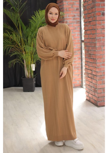 Bisiklet Yaka Balon Kol Triko Elbise Camel HM2518 fiyatları