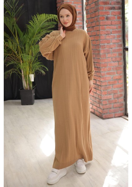 Bisiklet Yaka Balon Kol Triko Elbise Camel HM2518 fırsatları