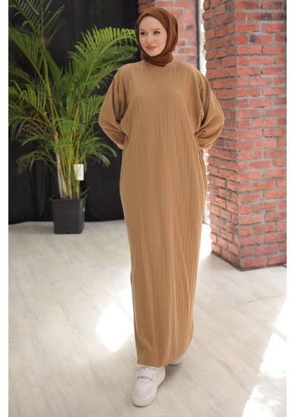 Bisiklet Yaka Balon Kol Triko Elbise Camel HM2518 indirimleri