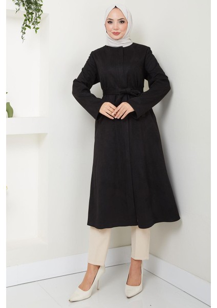 Fermuarlı Kuşaklı Süet Kap Siyah HM2542