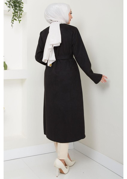 Fermuarlı Kuşaklı Süet Kap Siyah HM2542 indirimleri