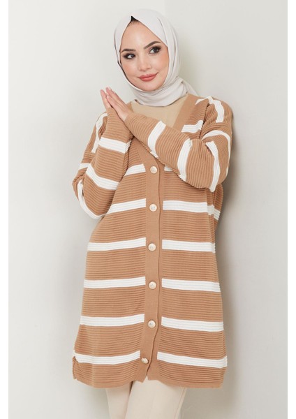 Çizgili Fitilli Triko Hırka Camel HM2589
