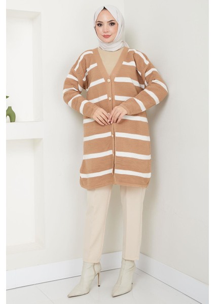Çizgili Fitilli Triko Hırka Camel HM2589 fiyatları
