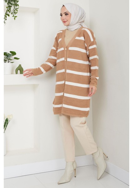 Çizgili Fitilli Triko Hırka Camel HM2589 modelleri